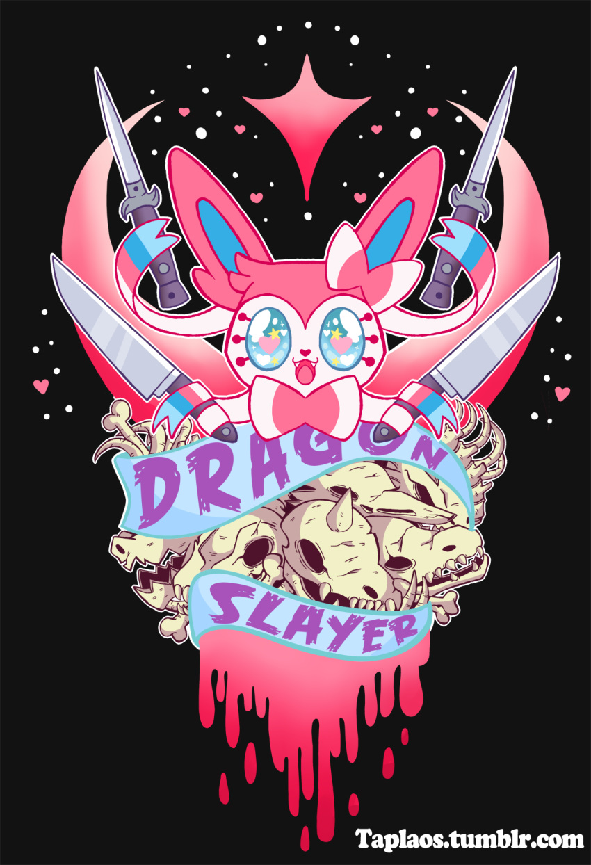 +_+ :d black_background bone commentary creature dagger dragon english_text fangs gen_6_pokemon heart heart_eyes highres holding holding_dagger holding_knife holding_weapon horn knife looking_at_viewer no_humans open_mouth pokemon pokemon_(creature) ribbon ribs sharp_teeth simple_background skull smile solo sparkle sylveon taplaos teeth watermark weapon web_address