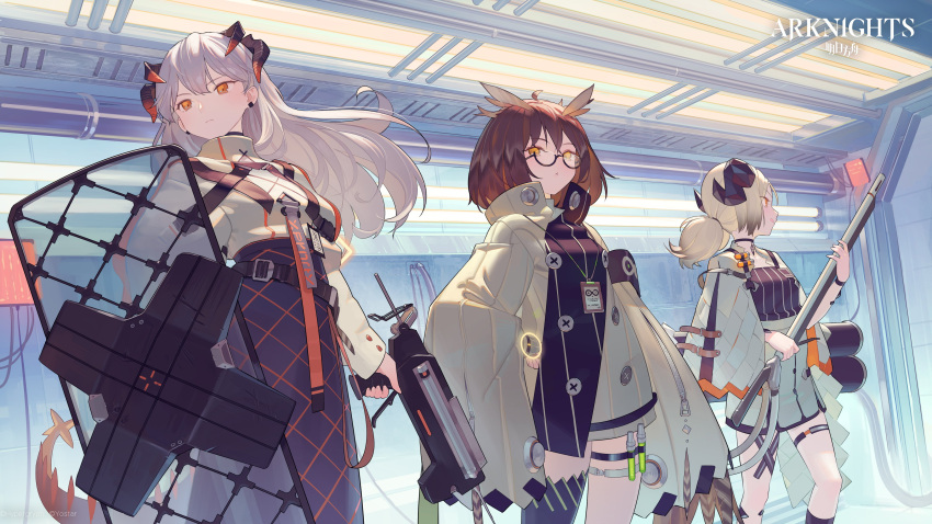 absurdres arknights blonde_hair brown_hair cape dragon_tail dress flamethrower fluorescent_lamp glasses hallway high_collar highres horns ifrit_(arknights) lanyard long_dress pale_skin pipes platinum_blonde_hair saria_(arknights) shield silence_(arknights) singlet tail thigh_strap timbougami twintails vial weapon wire yellow_eyes zipper