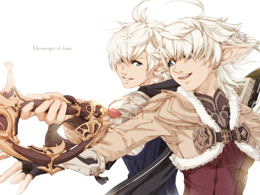 1boy 1girl ahoge alisaie_leveilleur alphinaud_leveilleur androgynous antenna_hair armor back-to-back bangs book brother_and_sister commentary_request ear_clip elezen elf english_text fighting_stance final_fantasy final_fantasy_xiv fingerless_gloves fur_trim gloves hands_up highres holding holding_book holding_sword holding_weapon long_sleeves looking_at_another mihira_(tainosugatayaki) open_mouth outstretched_arm outstretched_arms parted_bangs parted_lips pointy_ears red_mage scarf short_hair shoulder_armor siblings sidelocks smile spread_arms summoner_(final_fantasy) sword twins upper_body vest weapon white_hair