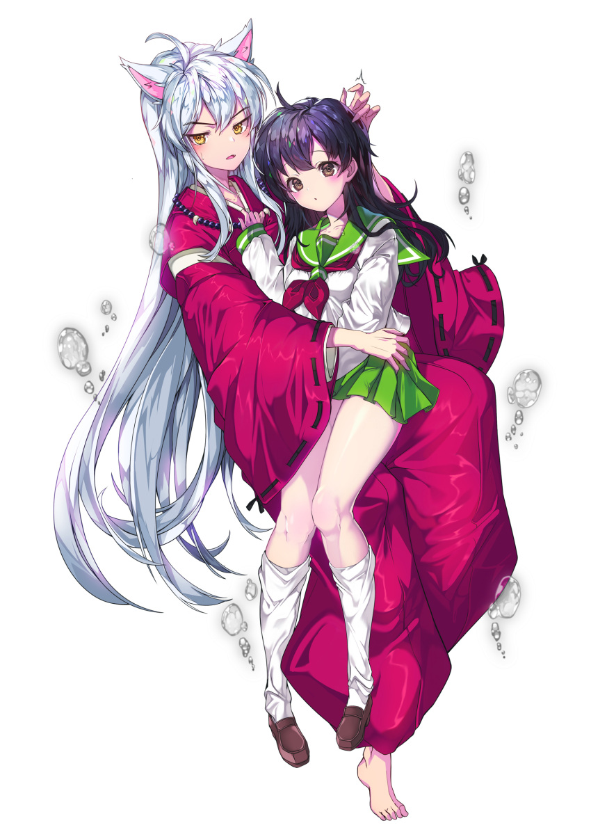 1boy 1girl absurdres ahoge animal_ears barefoot black_hair black_ribbon brown_eyes brown_footwear couple dog_ears green_skirt hand_up hetero highres higurashi_kagome inuyasha inuyasha_(character) japanese_clothes jewelry kneehighs kw00789 long_hair long_sleeves loose_socks necklace ribbon ribbon-trimmed_sleeves ribbon_trim school_uniform serafuku skirt sweatdrop very_long_hair water_drop white_hair wide_sleeves yellow_eyes