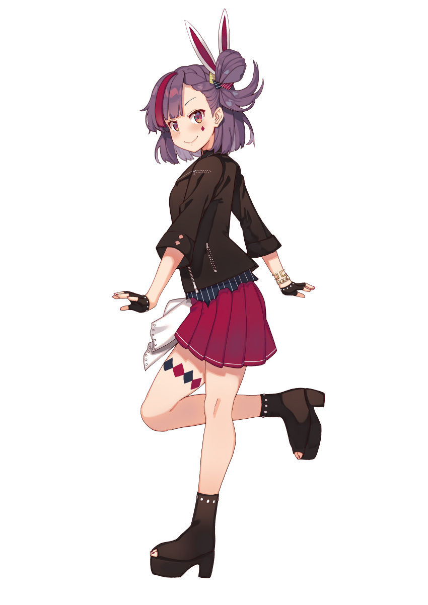 1girl absurdres bangs black_jacket closed_mouth diamond_(symbol) facial_mark fingerless_gloves from_side full_body gloves highlights highres jacket looking_at_viewer miniskirt multicolored_hair one_side_up open_toe_shoes platform_footwear pleated_skirt purple_hair red_skirt shoes short_hair simple_background skirt smile solo standing standing_on_one_leg tenjin_kotone tenjin_kotone_(channel) tonari_no_kai_keruberosu white_background yellow_eyes zipper