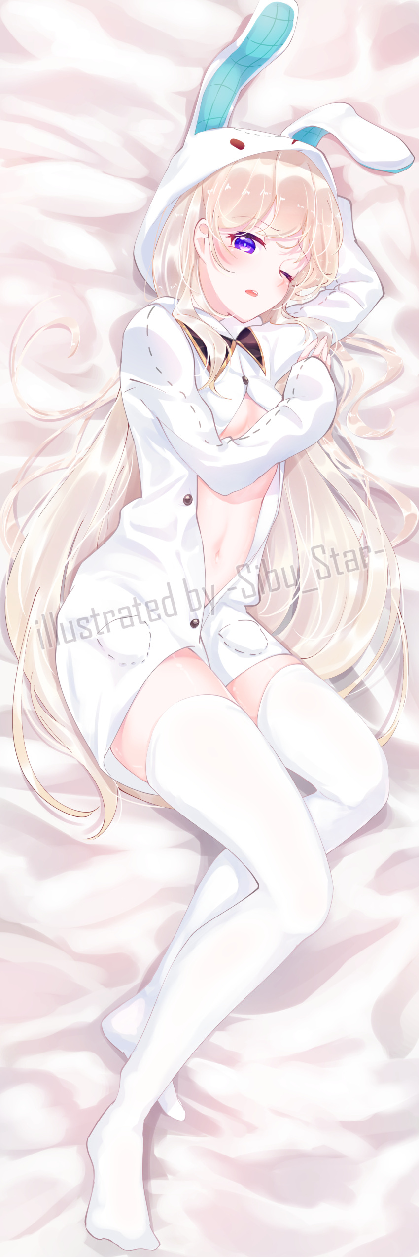 1girl absurdres bare_shoulders bunny_hair_ornament dakimakura full_body hair_down hair_ornament highres looking_at_viewer lying maplestory one_eye_closed open_mouth orchid_(maplestory) pajamas pantyhose sibu_star violet_eyes