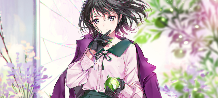 1girl bangs black_gloves black_hair blue_eyes blurry blurry_background blush bracelet closed_mouth food fruit gloves highres holding holding_food holding_fruit jacket_on_shoulders jewelry letterboxed looking_at_viewer mole mole_under_eye original pink_shirt purple_coat shirt short_hair smile solo tiv upper_body wind