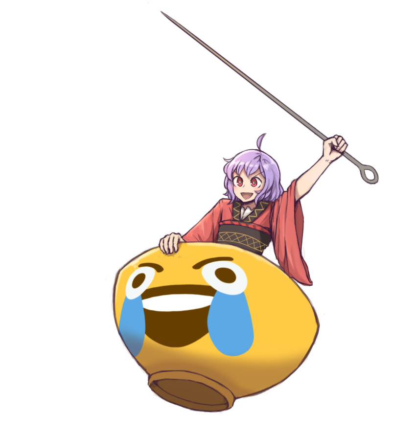 1girl :d ahoge arm_up bangs black_sash blush bowl commentary emoji english_commentary highres holding japanese_clothes kimono long_sleeves looking_at_viewer mata_(matasoup) needle_sword no_hat no_headwear obi open_mouth purple_hair red_eyes red_kimono sash short_hair smile solo sukuna_shinmyoumaru touhou upper_body v-shaped_eyebrows wide_sleeves