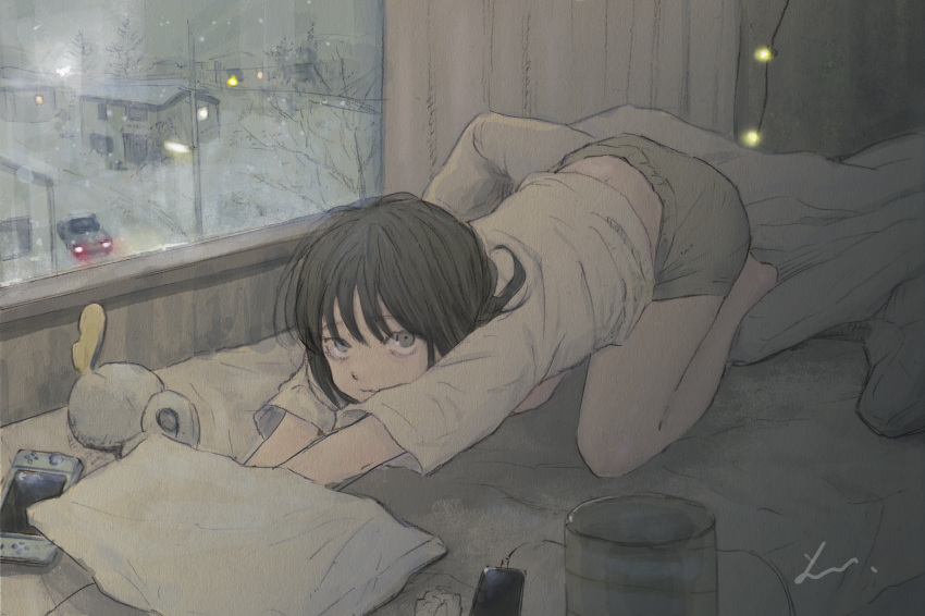 1girl absurdres bed bedroom black_hair cat_stretch grey_eyes highres huge_filesize indoors looking_at_viewer nintendo_switch original pillow shorts snow stretch stuffed_toy texture user_sjgw7532 window winter