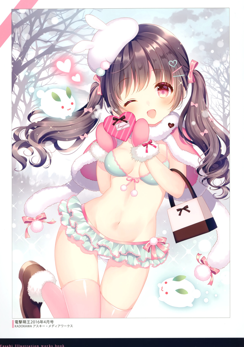 1girl ;d absurdres bag bangs bare_tree bikini blue_bikini blue_sky blush boots bow box breasts brown_footwear brown_hair capelet clouds day diagonal_stripes eyebrows_visible_through_hair front-tie_bikini front-tie_top fur-trimmed_boots fur-trimmed_capelet fur-trimmed_mittens fur_trim gift gift_box hair_bow hair_ornament hairclip hands_up heart heart-shaped_box highres holding holding_gift layered_bikini long_hair medium_breasts mittens navel one_eye_closed open_mouth original outdoors paper_bag pink_bow pink_capelet pink_legwear pink_mittens red_eyes scan sky smile snow_bunny snowing solo standing standing_on_one_leg striped swimsuit thigh-highs tilted_headwear tree twintails wasabi_(sekai) white_headwear