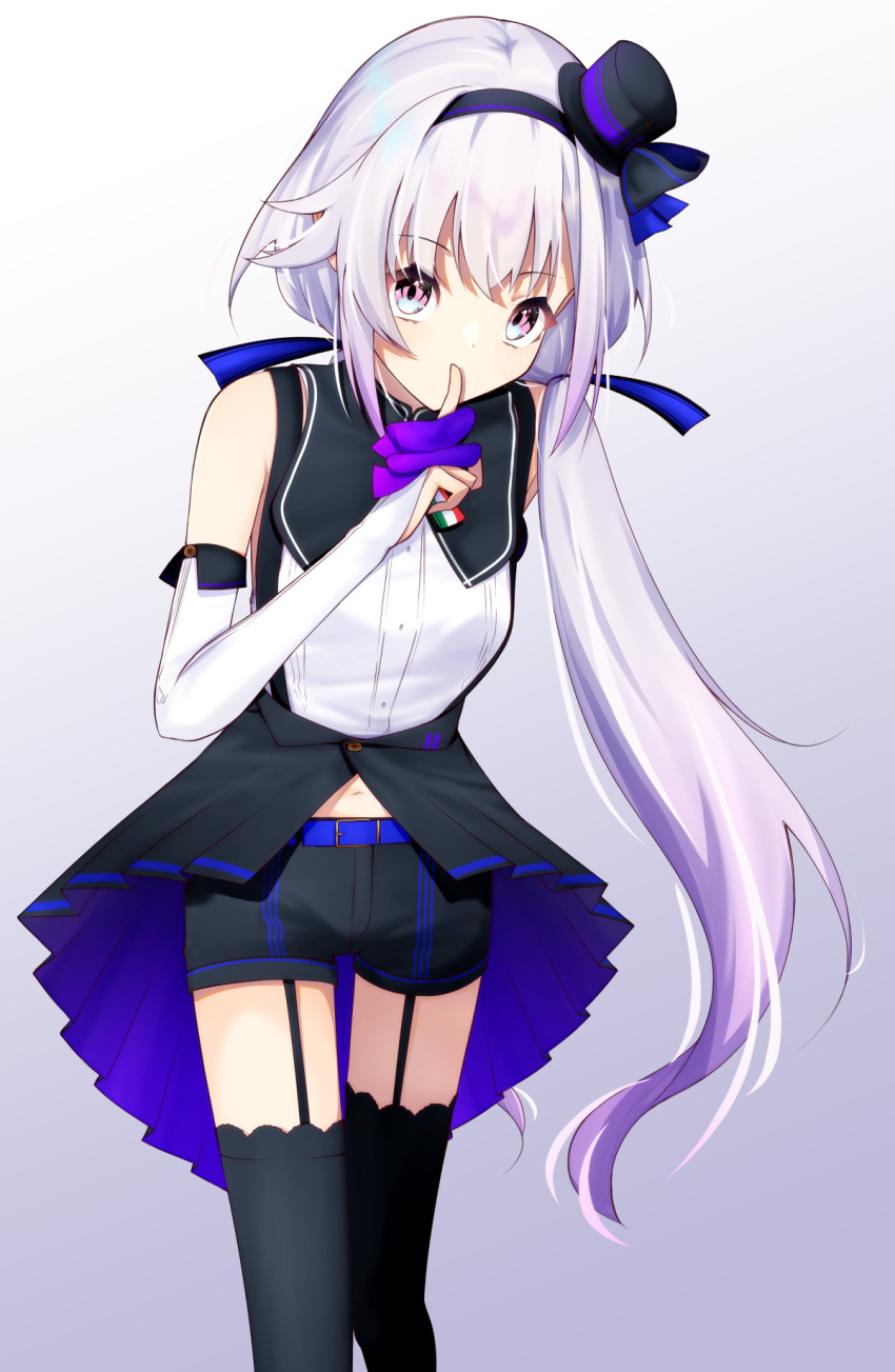 .live 1girl belt black_legwear carro_pino detached_sleeves finger_to_mouth headband highres long_hair low_twintails midriff navel purple_hair rascala39 shorts simple_background thigh-highs twintails violet_eyes virtual_youtuber white_background