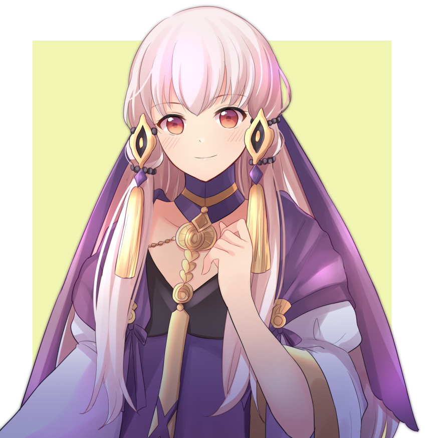 1girl closed_mouth dress fire_emblem fire_emblem:_three_houses hair_ornament highres long_hair lysithea_von_ordelia pimi_(ringsea21) pink_eyes simple_background smile solo upper_body white_hair