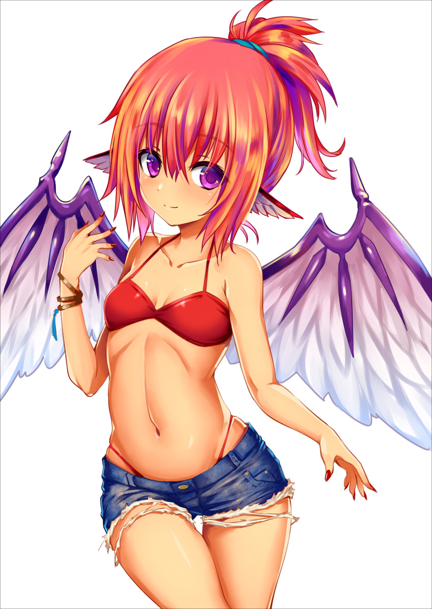 1girl absurdres ass_visible_through_thighs bandeau bangs bare_arms bare_shoulders bikini bracelet breasts collarbone cowboy_shot cutoffs denim denim_shorts eyebrows_visible_through_hair hair_between_eyes halterneck hand_up head_wings high_ponytail highleg highleg_bikini highres hijikawa_arashi jewelry looking_at_viewer mystia_lorelei nail_polish navel no_hat no_headwear pink_hair ponytail red_bikini red_nails short_hair short_shorts shorts sidelocks simple_background small_breasts smile solo standing stomach swimsuit thighs touhou violet_eyes white_background