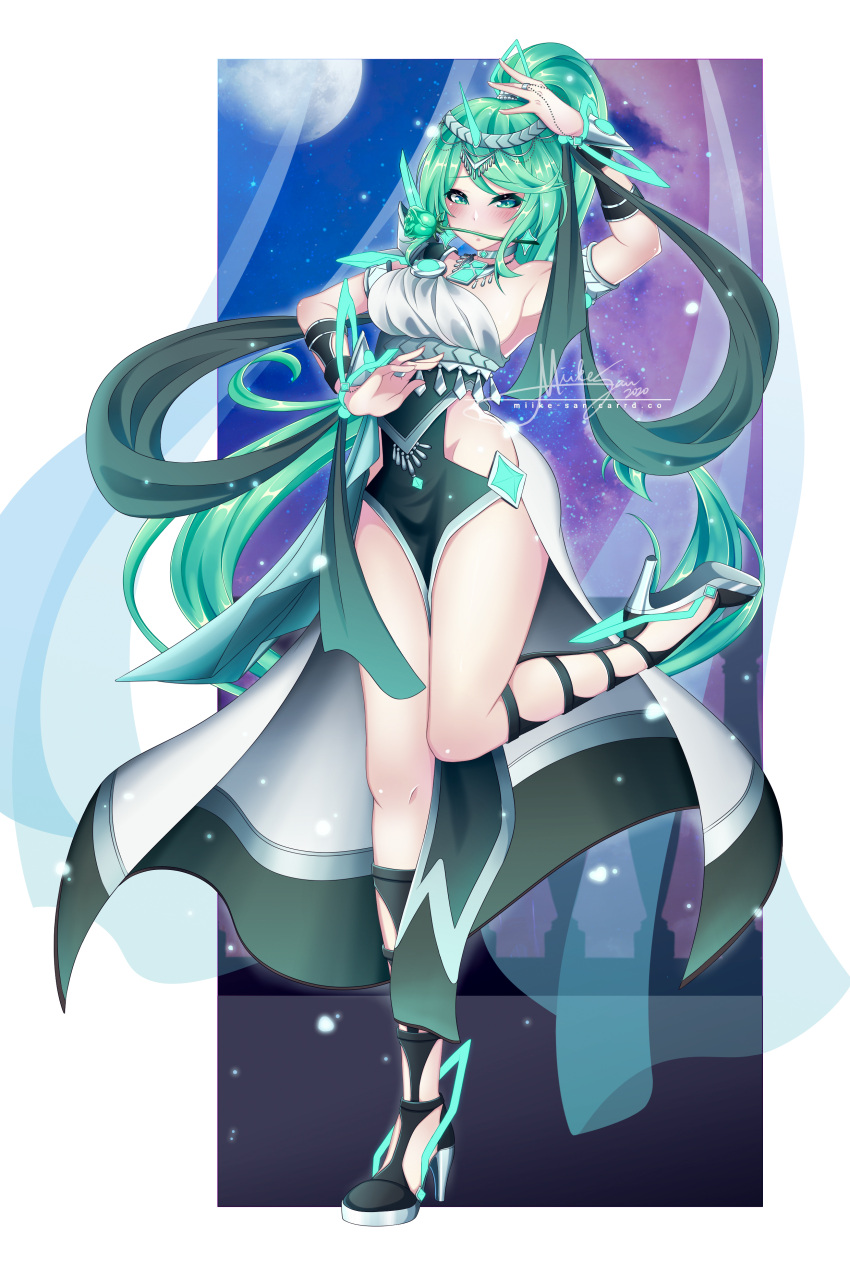 1girl absurdly_long_hair absurdres aqua_rose arm_above_head armpits bangs bare_legs bare_shoulders bracer breasts choker cosplay dancer eyebrows_visible_through_hair fire_emblem fire_emblem:_three_houses flower flower_in_mouth gem green_eyes green_hair headpiece high_heels highres jewelry long_hair long_ponytail looking_at_viewer medium_breasts miike-san moon necklace night night_sky pneuma_(xenoblade) ponytail pose rose signature sky solo spoilers standing standing_on_one_leg star_(sky) starry_sky swept_bangs very_long_hair xenoblade_(series) xenoblade_2
