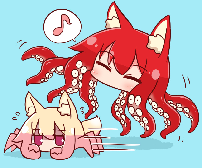 2girls animal_ear_fluff animal_ears animalization bangs blonde_hair blue_background blush closed_eyes commentary_request crab eighth_note eyebrows_visible_through_hair flying_sweatdrops fox_ears hair_between_eyes kemomimi-chan_(naga_u) multiple_girls musical_note naga_u octopus original red_eyes redhead shaded_face shadow speed_lines spoken_musical_note suction_cups