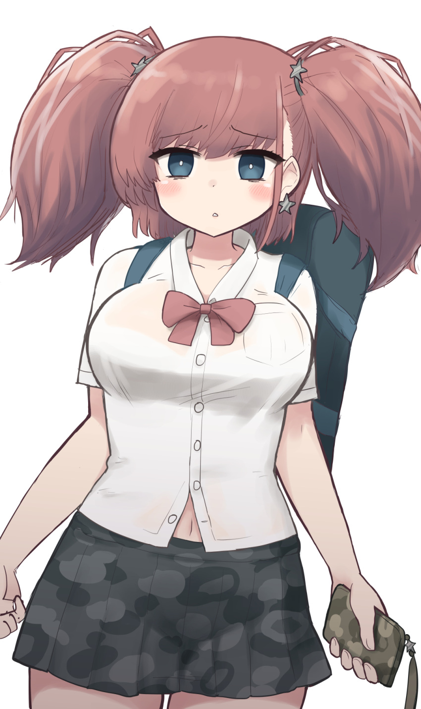 1girl alternate_costume atlanta_(kantai_collection) bag black_skirt bow bowtie breast_pocket breasts brown_hair cellphone earrings eyebrows_visible_through_hair grey_eyes highres holding holding_phone jewelry kantai_collection large_breasts long_hair navel phone pocket school_bag school_uniform shirt simoyuki simple_background skirt smartphone solo star star_earrings two_side_up white_background white_shirt