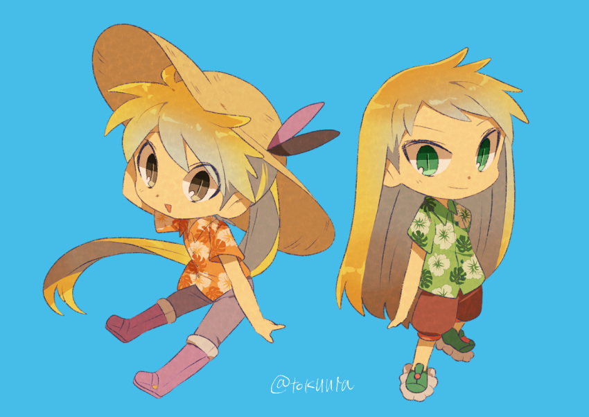 1boy 1girl alternate_costume blonde_hair blue_background boots brown_eyes brown_shorts emerald_(pokemon) feathers floral_print full_body green_eyes green_footwear hat hat_feather long_hair looking_at_viewer pink_footwear pokemon pokemon_special ponytail shirt shoes short_sleeves shorts signature simple_background smile straw_hat tokuura very_long_hair yellow_(pokemon)