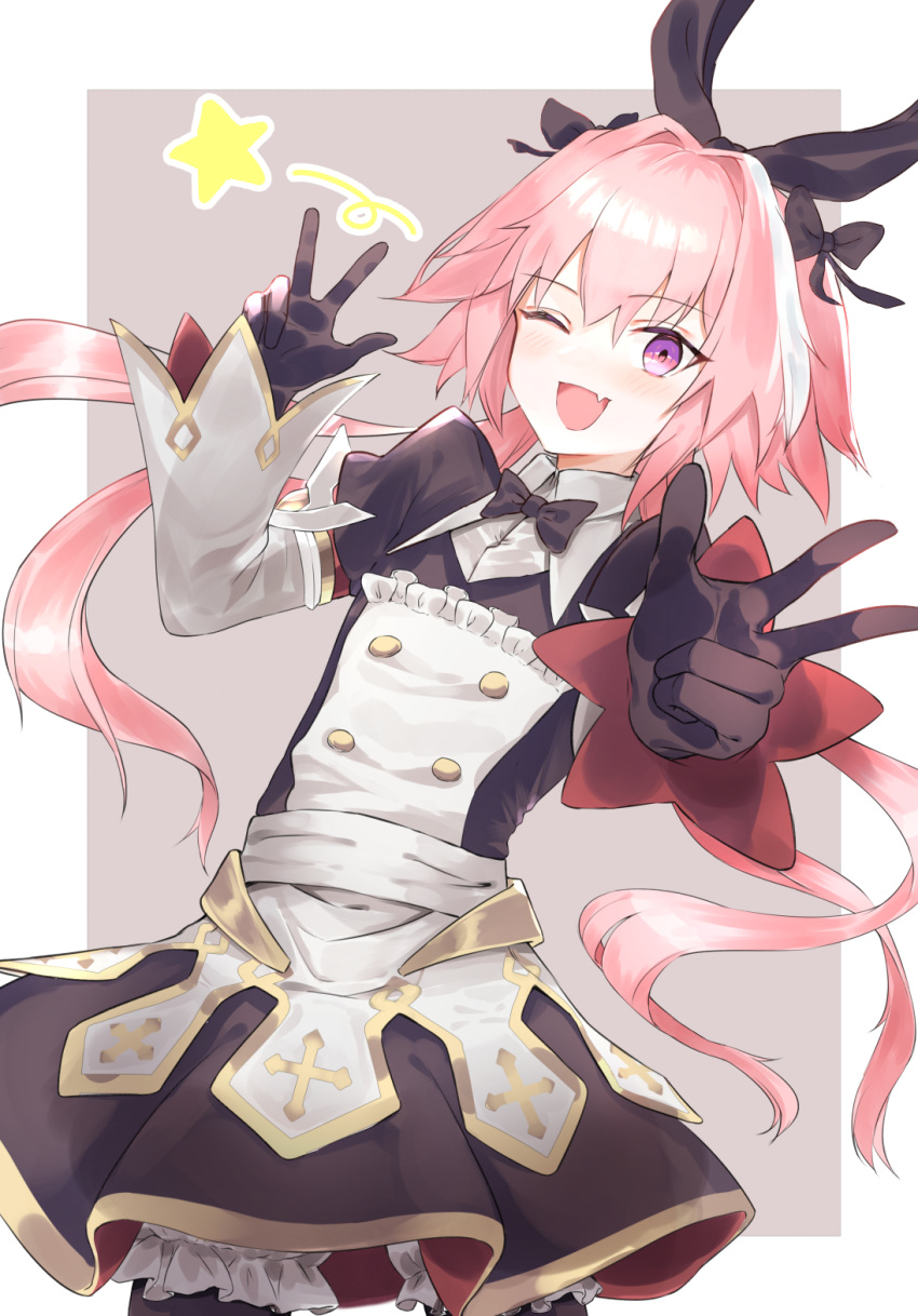 1boy astolfo_(fate) astolfo_(saber)_(fate) bangs black_bow black_gloves black_ribbon blush bow bowtie commentary_request eyebrows_visible_through_hair fang fate/grand_order fate_(series) gloves hair_bow hair_intakes hair_ribbon highres long_hair long_sleeves looking_at_viewer multicolored_hair one_eye_closed otoko_no_ko pink_background pink_hair poyano ribbon simple_background skin_fang smile solo star streaked_hair twintails violet_eyes w white_background white_hair