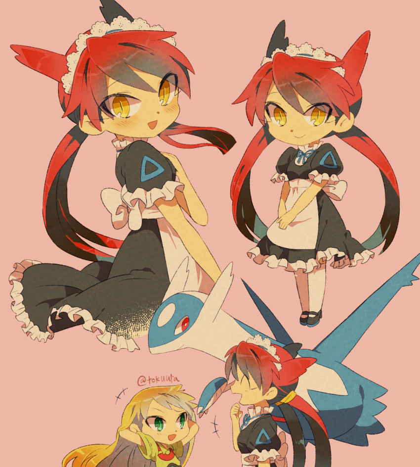 :d ^_^ apron bangs black_dress blonde_hair closed_eyes dress emerald_(pokemon) green_eyes highres latias latios legendary_pokemon long_hair looking_to_the_side maid maid_apron maid_headdress open_mouth personification pink_background pokemon pokemon_special red_eyes redhead short_sleeves simple_background smile standing tied_hair tokuura twintails very_long_hair