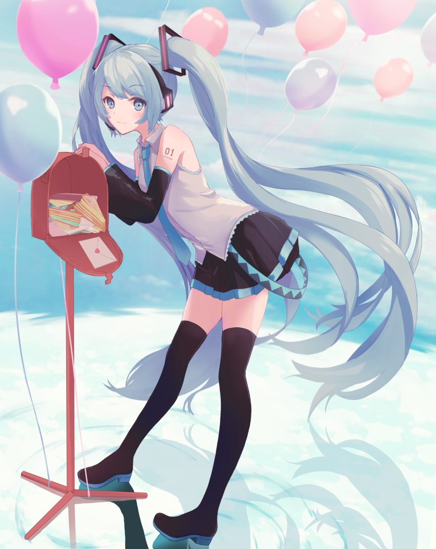 1girl absurdly_long_hair bangs bent_over black_footwear black_skirt black_sleeves blue_eyes blue_hair blush boots closed_mouth collared_shirt commentary detached_sleeves dress_shirt eyebrows_visible_through_hair floating_hair full_body hatsune_miku headphones highres long_hair long_sleeves looking_at_viewer miniskirt pleated_skirt shiny shiny_hair shirt skirt sleeveless sleeveless_shirt solo thigh-highs thigh_boots twintails very_long_hair vocaloid white_shirt wing_collar yuzuaji zettai_ryouiki