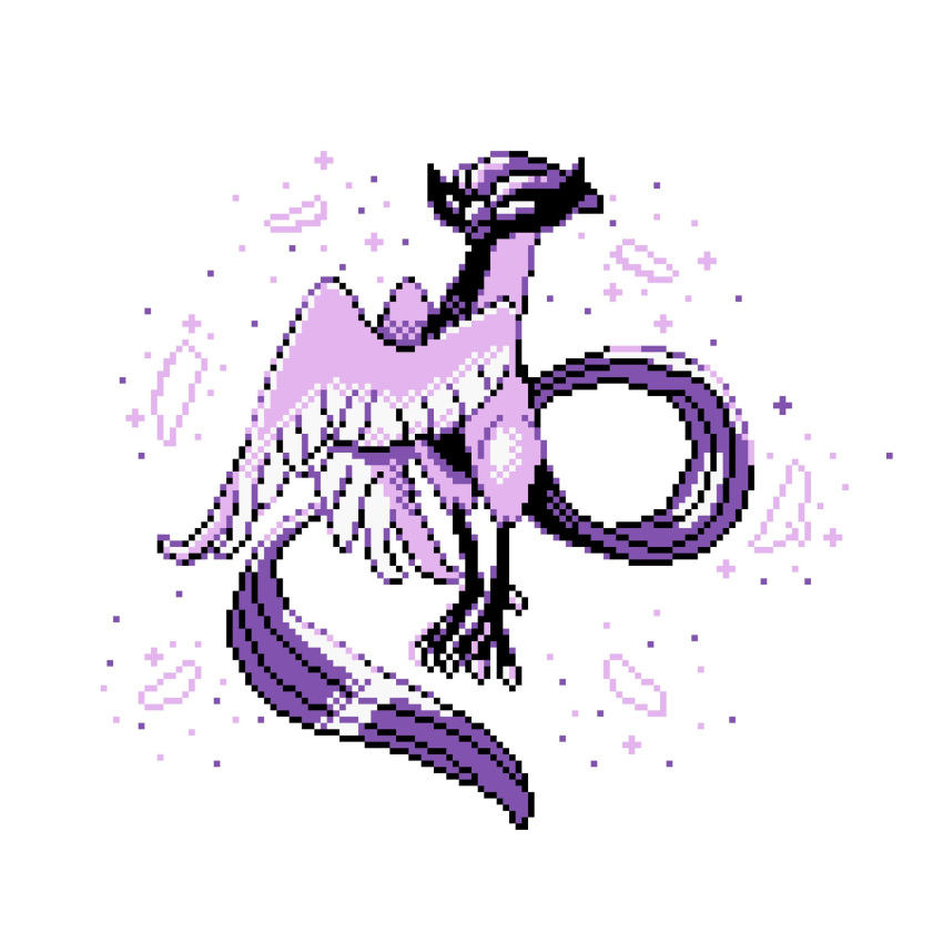 bird bird_focus claws full_body galarian_articuno galarian_form highres monochrome no_humans pixel_art pokemon pokemon_(creature) purple_theme simple_background sindorman solo white_background