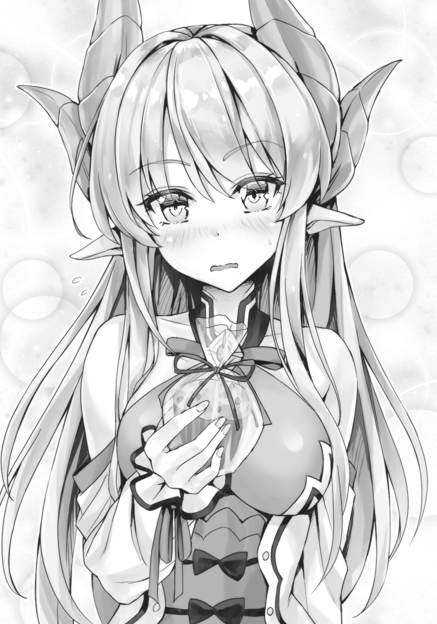 1girl bangs blush breasts detached_sleeves eyebrows_visible_through_hair floating_hair greyscale hair_between_eyes highres horns kotatsu_(kotatsu358) long_hair long_sleeves looking_at_viewer medium_breasts monochrome neck_ribbon novel_illustration official_art open_mouth ososugita_isekai_tensei pointy_ears ribbon shiny shiny_hair shishi_(ososugita_isekai_tensei) solo sweatdrop upper_body very_long_hair wavy_mouth