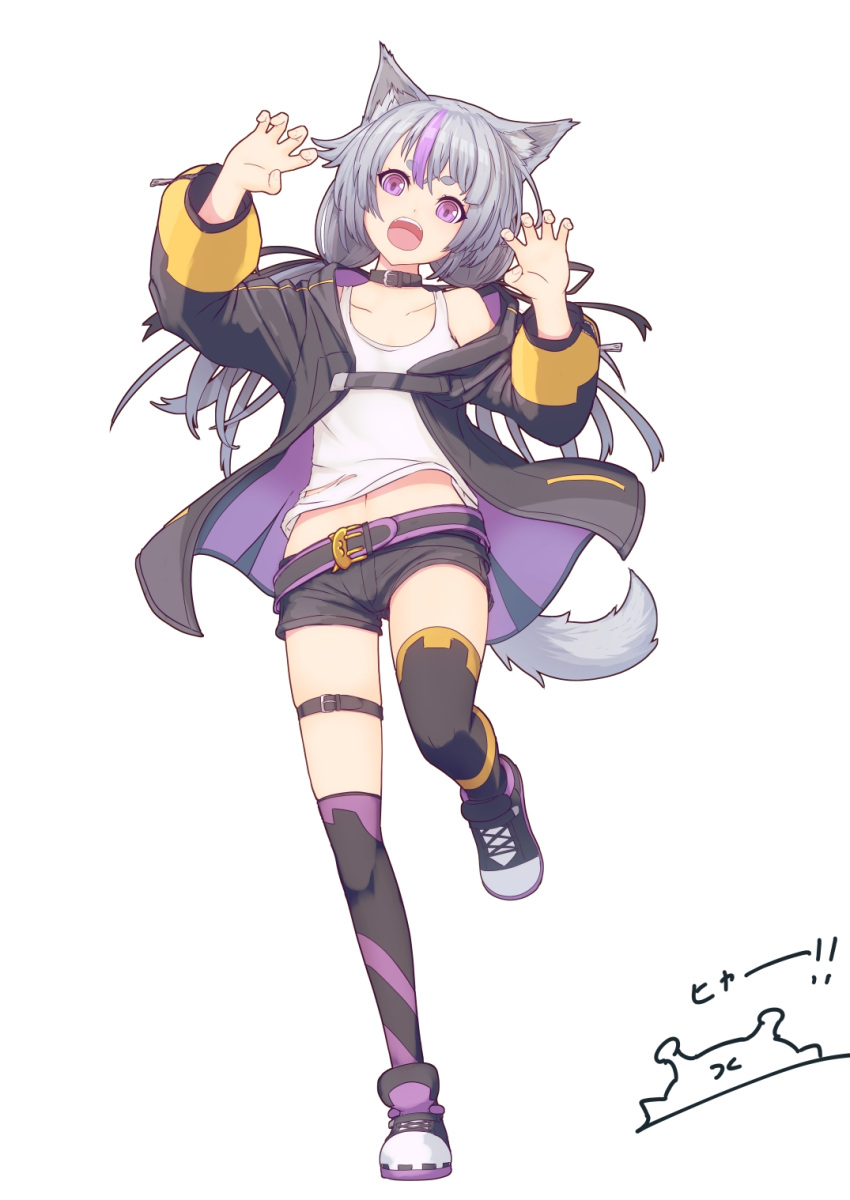 1girl animal_ears bangs belt black_legwear claw_pose collar full_body grey_hair hair_ribbon highres jacket long_hair looking_at_viewer multicolored_hair namako_(namacotan) open_mouth original over-kneehighs ribbon short_shorts shorts streaked_hair tail tank_top thigh-highs thigh_gap twintails violet_eyes white_background