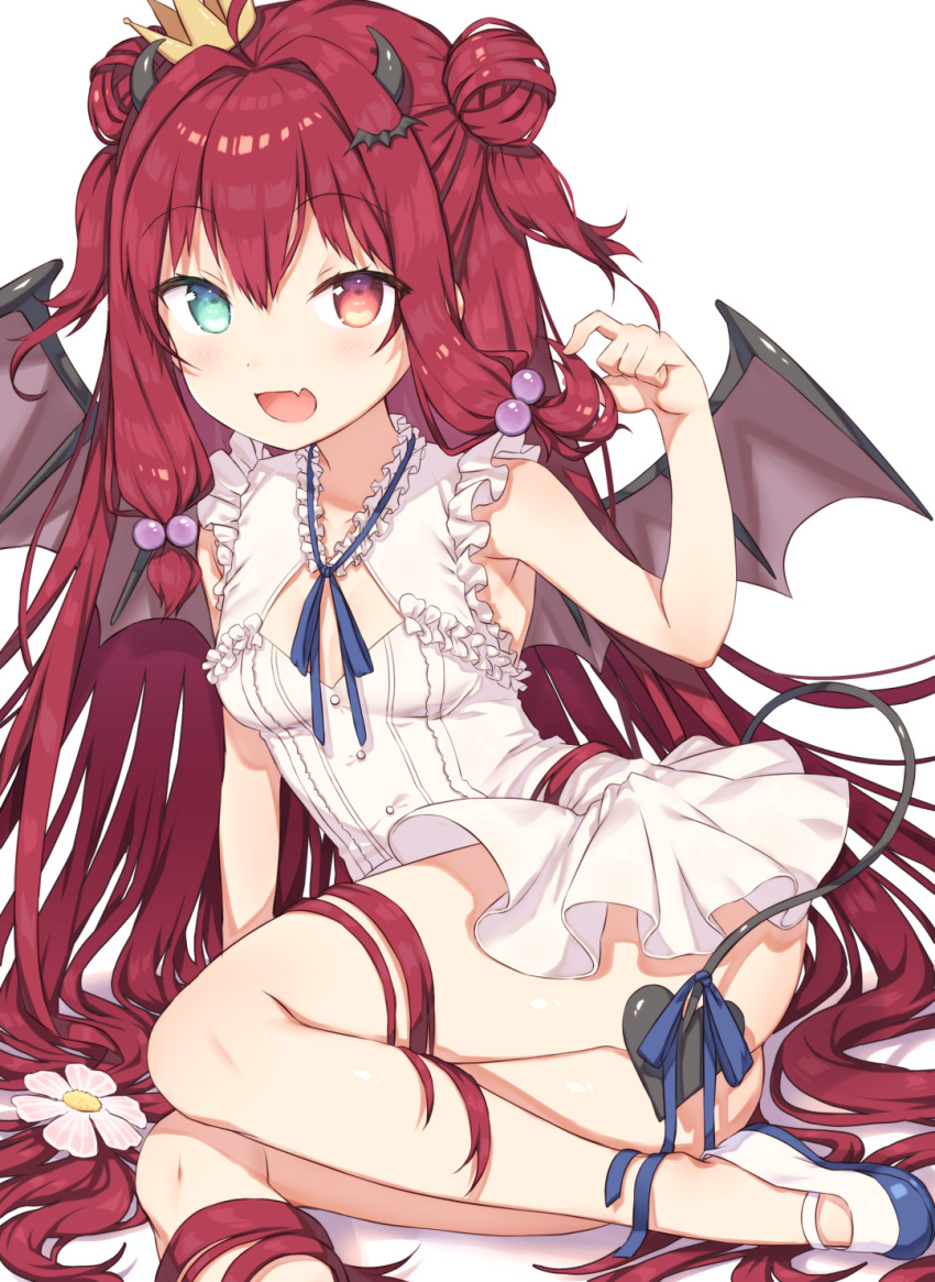 1girl :d ass bangs bare_arms bare_shoulders bat_hair_ornament blue_ribbon blush breasts commentary_request crown demon_girl demon_tail demon_wings double_bun dress eyebrows_visible_through_hair fang flower green_eyes hair_between_eyes hair_bobbles hair_flower hair_ornament hand_up heterochromia highres holding holding_hair looking_at_viewer mini_crown neck_ribbon nijisanji no_socks open_mouth otou_mamayo pink_flower pleated_dress red_eyes redhead ribbon shadow shoes sleeveless sleeveless_dress small_breasts smile solo tail tail_ribbon tilted_headwear two_side_up uwabaki virtual_youtuber white_background white_dress white_footwear wings yuzuki_roa