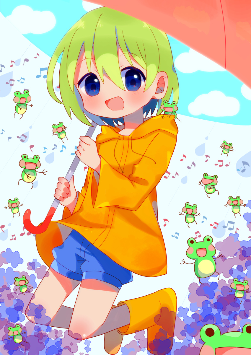1girl :d absurdres beamed_eighth_notes blue_eyes blue_shorts blush boots day frog green_hair highres jumping music musical_note open_mouth original outdoors quarter_note raincoat red_umbrella rubber_boots short_hair shorts singing smile umbrella wenicon_0410
