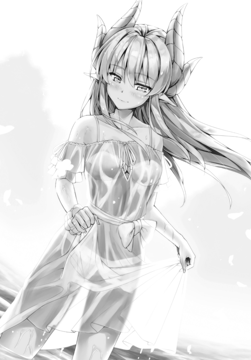 1girl bangs blush breasts closed_mouth collarbone cowboy_shot dress dutch_angle eyebrows_visible_through_hair floating_hair greyscale hair_between_eyes highres horns kotatsu_(kotatsu358) long_hair medium_breasts monochrome novel_illustration off-shoulder_dress off_shoulder official_art ososugita_isekai_tensei pointy_ears see-through_silhouette shiny shiny_hair shishi_(ososugita_isekai_tensei) short_sleeves skirt_hold solo standing sundress very_long_hair wading wet wet_clothes wet_dress white_background