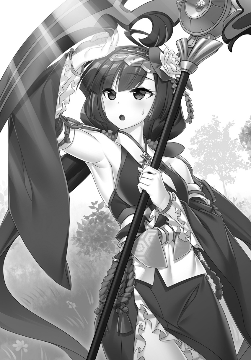 1girl ahoge arm_up armpits bangs bow bracelet breasts cowboy_shot day detached_sleeves eyebrows_visible_through_hair floating_hair flower greyscale hair_between_eyes hair_bow hair_flower hair_ornament hair_scrunchie highres holding holding_weapon japanese_clothes jewelry kimono long_hair long_sleeves looking_up madan_no_ou_to_michelia miyatsuki_itsuka monochrome novel_illustration official_art outdoors scrunchie scythe side_slit sideboob sleeveless sleeveless_kimono small_breasts solo standing sunlight sweatdrop twintails very_long_hair weapon wide_sleeves