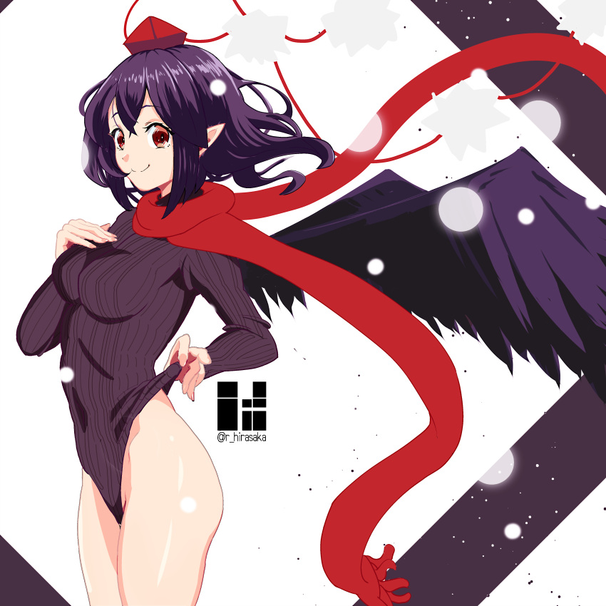 1girl absurdres artist_name bangs black_hair black_leotard breasts commentary_request cowboy_shot hand_on_own_chest hat highres hirasaka_(gassy) leotard long_sleeves looking_at_viewer medium_breasts pointy_ears pom_pom_(clothes) red_eyes red_scarf revision ribbed_leotard scarf shameimaru_aya short_hair sidelocks smile solo standing thighs tokin_hat touhou twitter_username white_background