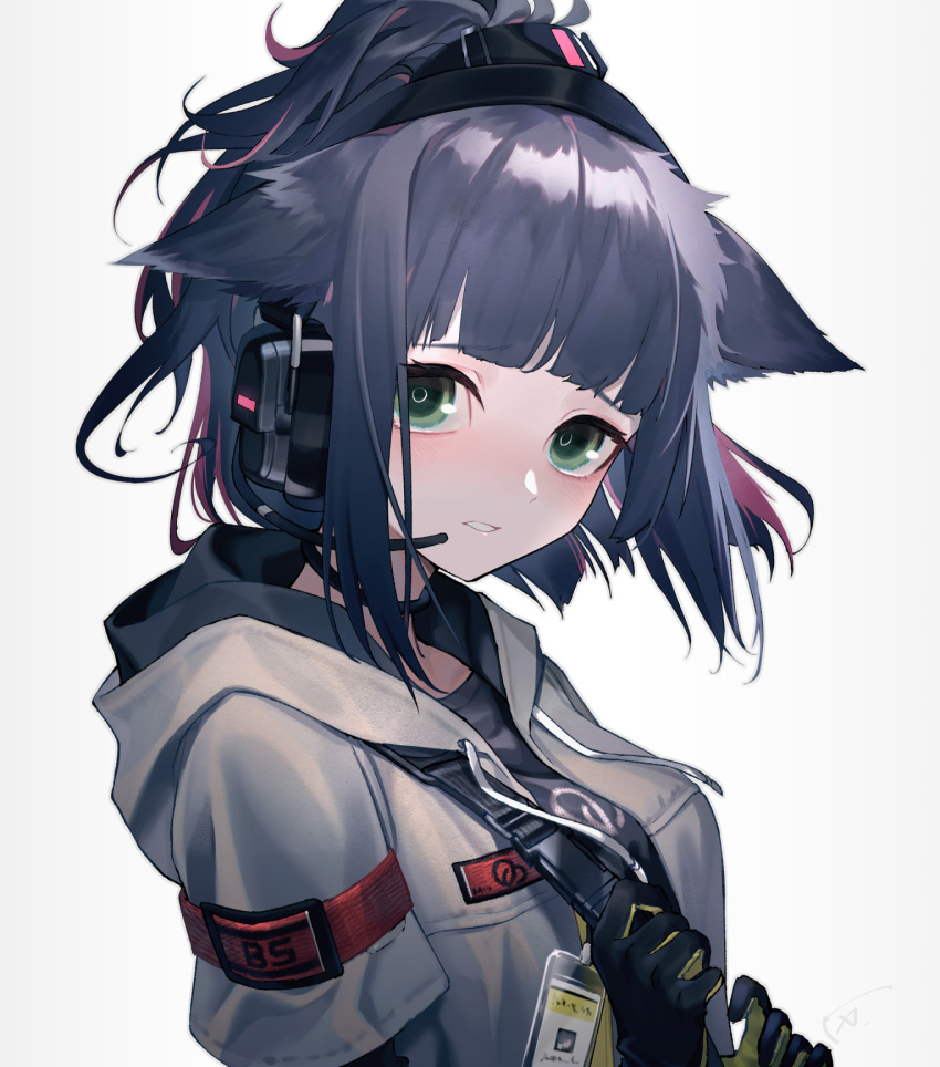 1girl animal_ears arknights bangs black_gloves blush breasts commentary_request drawstring eyebrows_visible_through_hair gloves green_eyes grey_background grey_hair grey_jacket haizome_senri hands_up headphones headset high_ponytail highres holding_strap hood hood_down hooded_jacket jacket jessica_(arknights) long_sleeves looking_at_viewer medium_breasts multicolored_hair open_clothes open_jacket parted_lips ponytail redhead short_over_long_sleeves short_sleeves simple_background solo two-tone_hair upper_body
