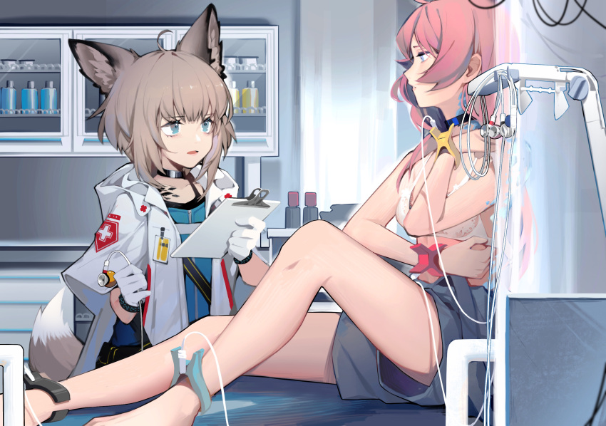 2girls aniao_ya animal_ear_fluff animal_ears arknights black_shorts blue_eyes blue_poison_(arknights) bra choker clinic clipboard coat collarbone feet_out_of_frame fox_ears fox_girl fox_tail gloves highres holding holding_clipboard indoors labcoat long_hair looking_at_another multiple_girls open_clothes open_coat pink_hair short_hair short_sleeves shorts sitting sussurro_(arknights) tail underwear upper_body white_bra white_coat white_gloves