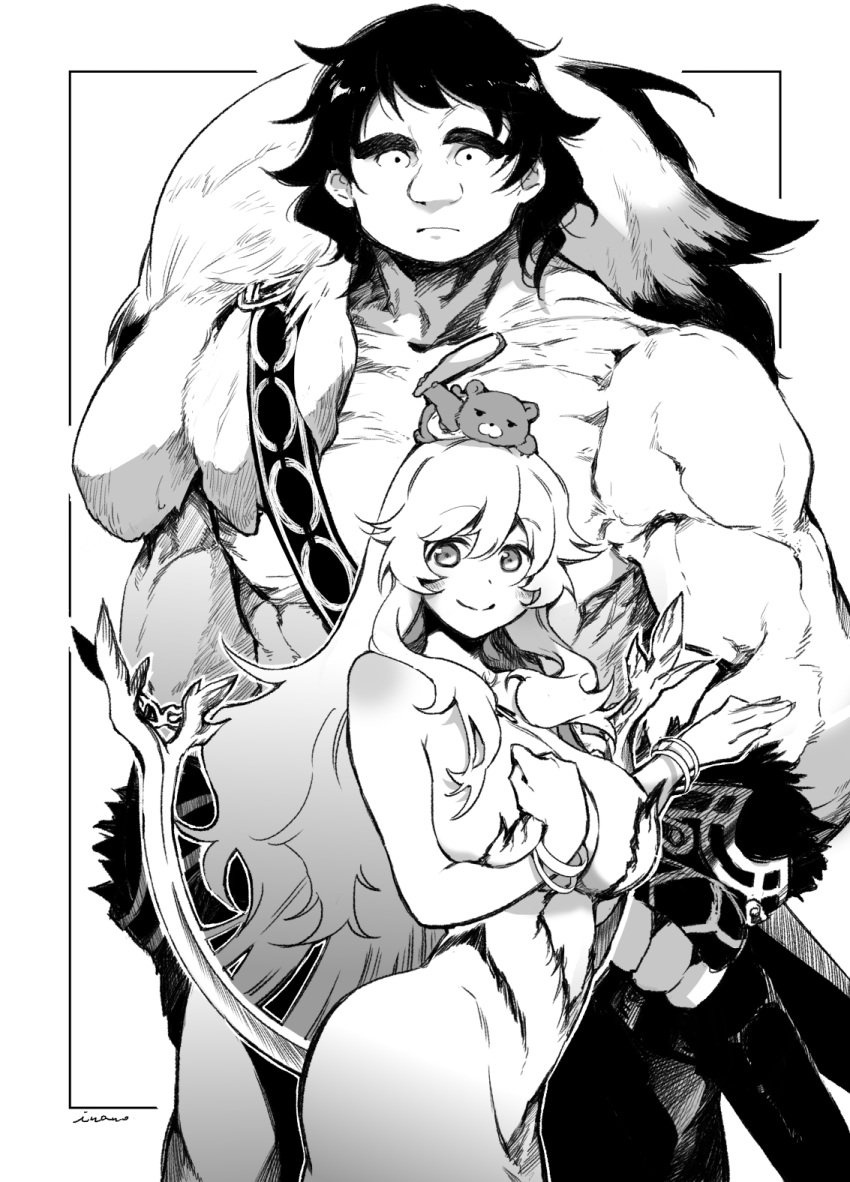animal animal_on_head artemis_(fate/grand_order) bear bracelet breasts dress fate/grand_order fate_(series) fingerless_gloves gloves greyscale height_difference highres jewelry large_breasts long_hair looking_at_viewer monochrome muscle on_head orion_(fate/grand_order) orion_(super_archer)_(fate) signature smile strapless strapless_dress thick_eyebrows