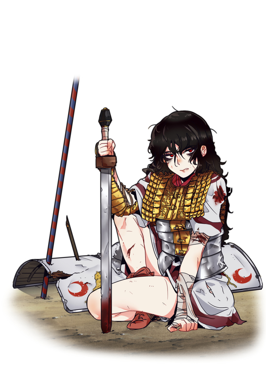 1girl absurdres armor bags_under_eyes bandaged_arm bandages bitchcraft123 black_hair blood crescent cuts damaged full_body hair_between_eyes highres holding holding_weapon injury legionnaire long_hair messy_hair multiple_sources original parted_lips red_eyes roman_empire shield shoes short_sleeves simple_background sitting solo sweat sword weapon white_background