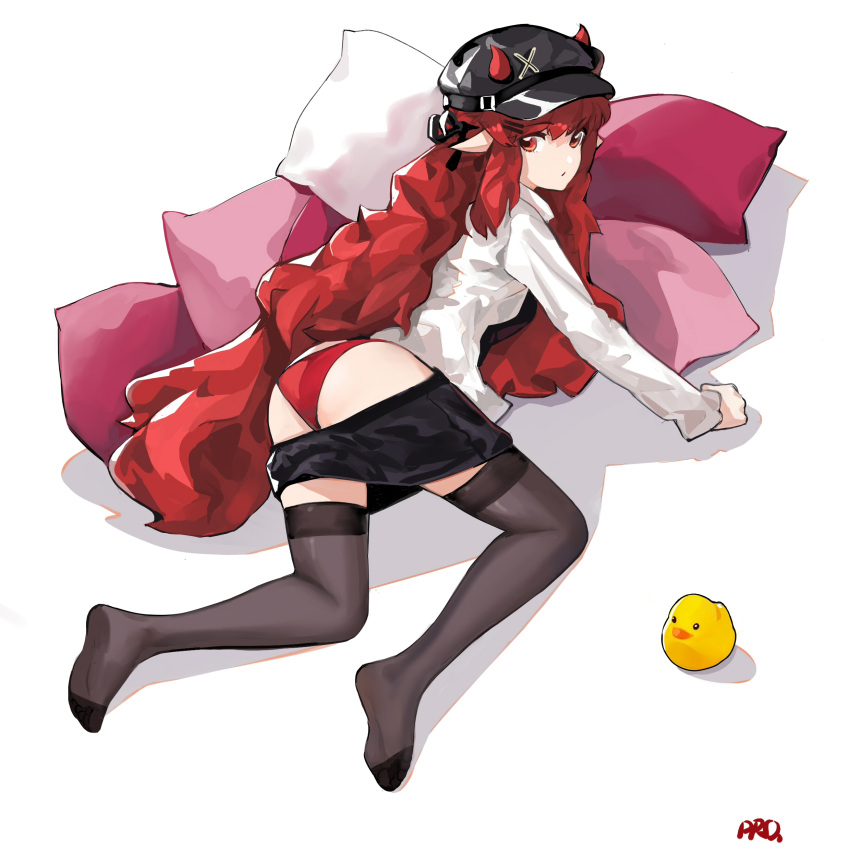 1girl absurdres arknights black_legwear feet hat highres horns long_hair looking_at_viewer looking_back panties prossss red_eyes redhead shirt underwear vigna_(arknights) white_shirt