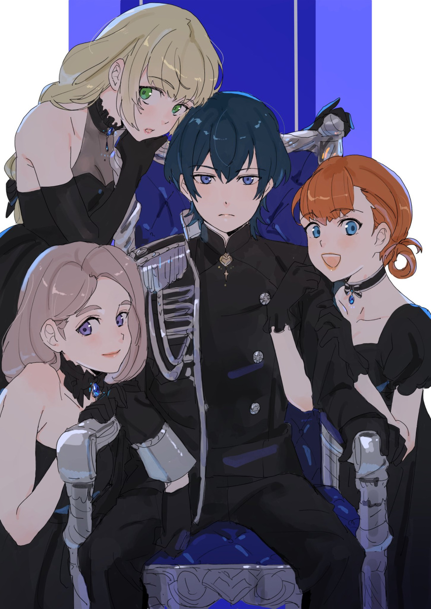 1boy 3girls alternate_costume annette_fantine_dominic black_gloves blonde_hair blue_eyes blue_hair byleth_(fire_emblem) byleth_eisner_(male) choker closed_mouth elbow_gloves fire_emblem fire_emblem:_three_houses gloves green_eyes highres ingrid_brandl_galatea long_hair long_sleeves mercedes_von_martritz multiple_girls open_mouth orange_hair parted_lips short_hair sitting smile snsikwii throne twintails violet_eyes