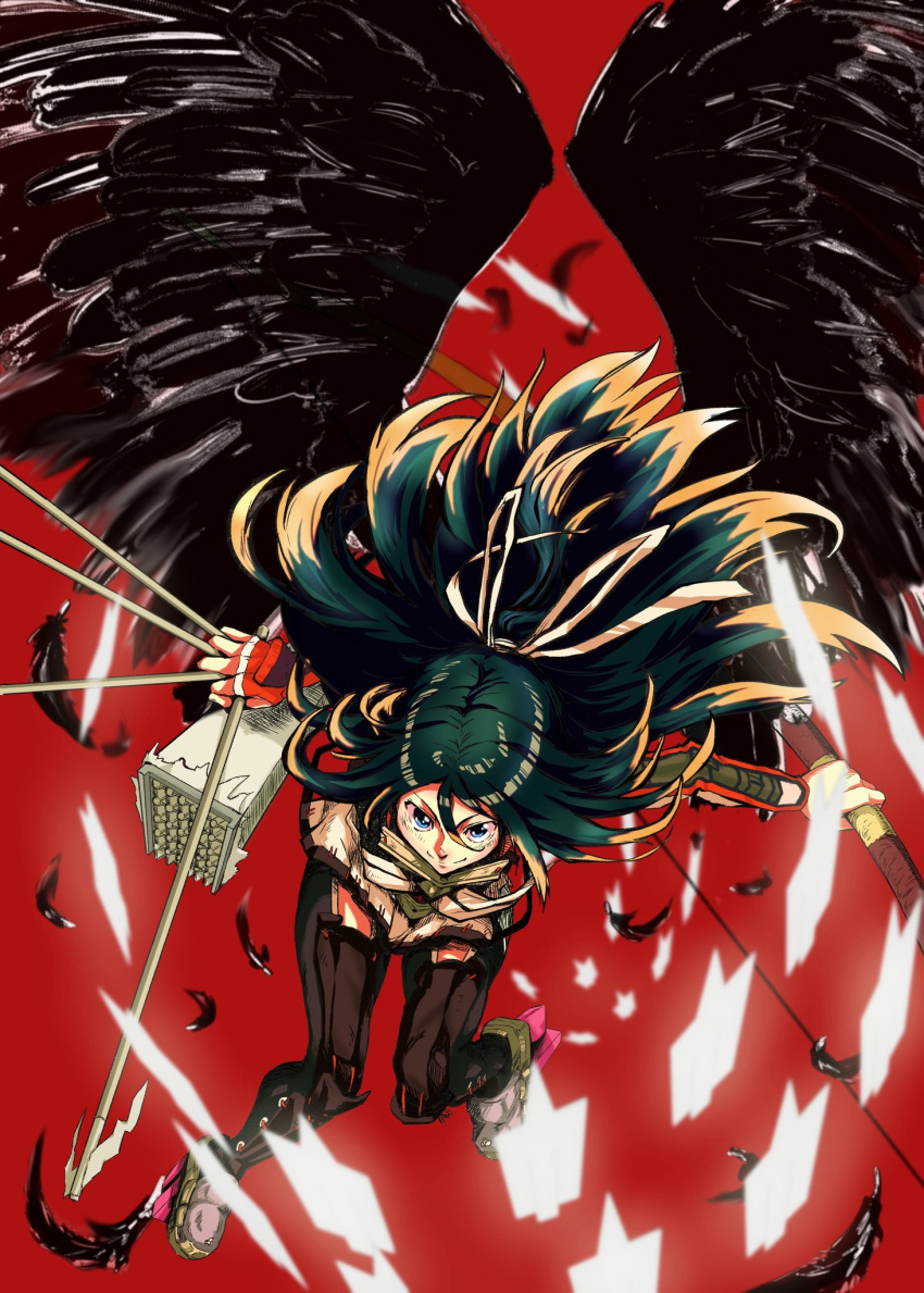 1girl arrow asymmetrical_gloves bangs black_hair black_legwear black_wings blue_eyes blush bow_(weapon) closed_mouth commentary_request feathered_wings feathers fingerless_gloves full_body gloves gradient_hair hair_between_eyes hair_ribbon high_ponytail highres holding holding_arrow holding_bow_(weapon) holding_weapon kantai_collection kasuta.net katsuragi_(kantai_collection) leaning_forward long_hair looking_at_viewer machinery miniskirt multicolored_hair pleated_skirt red_background remodel_(kantai_collection) ribbon rigging rudder_footwear shikigami shiny shiny_hair simple_background skirt smile solo thigh-highs v-shaped_eyebrows weapon white_ribbon white_skirt wings