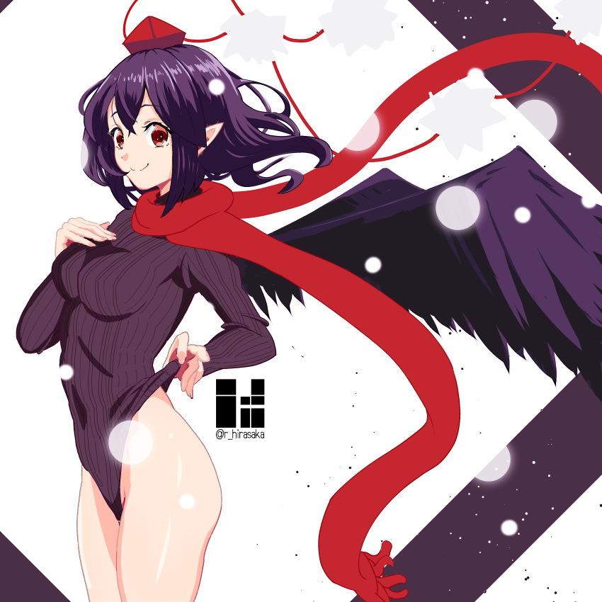 1girl absurdres artist_name bangs black_hair black_leotard breasts commentary_request cowboy_shot hand_on_own_chest hat highres hirasaka_(gassy) leotard long_sleeves looking_at_viewer medium_breasts pointy_ears pom_pom_(clothes) red_eyes red_scarf ribbed_leotard scarf shameimaru_aya short_hair sidelocks smile solo standing thighs tokin_hat touhou twitter_username white_background