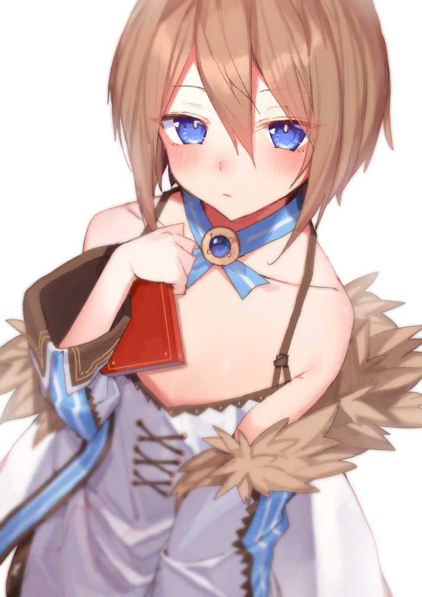1girl bare_shoulders blanc blancpig_yryr blue_eyes blush book brown_hair coat dress expressionless from_above fur-trimmed_coat fur_trim hair_between_eyes hand_up highres holding holding_book looking_at_viewer looking_up neptune_(series) off_shoulder short_hair simple_background solo spaghetti_strap white_background white_coat white_dress