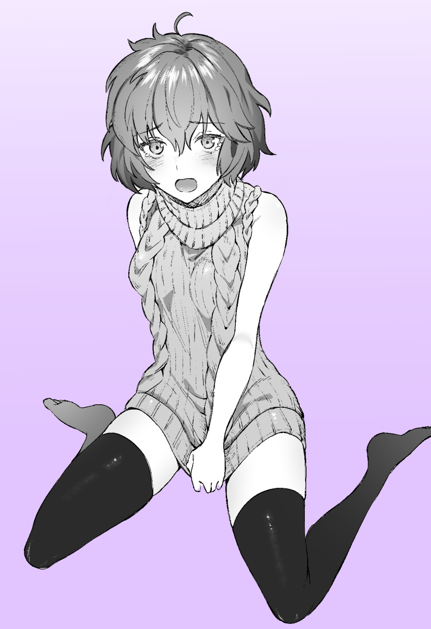 1girl ahoge alternate_costume aran_sweater bernadetta_von_varley black_legwear blush breasts clothes_pull eyebrows_visible_through_hair fire_emblem fire_emblem:_three_houses greyscale hair_between_eyes highres looking_at_viewer medium_breasts meme_attire messy_hair monochrome motimotiumauma open_mouth purple_background short_hair simple_background sitting sleeveless sleeveless_sweater solo sweater sweater_pull tears thigh-highs thighs virgin_killer_sweater wariza zettai_ryouiki