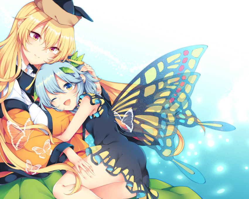 2girls ;d antennae aqua_background ass bangs bare_shoulders black_dress black_headwear blonde_hair blue_hair blush breasts bug butterfly butterfly_wings commentary_request dress eternity_larva eyebrows_visible_through_hair feet_out_of_frame gradient gradient_background green_skirt hair_between_eyes hug insect large_breasts leaf long_hair long_sleeves looking_at_viewer matara_okina multiple_girls one_eye_closed open_mouth short_dress short_hair skirt sleeveless sleeveless_dress smile tabard tama_(soon32281) touhou white_background wide_sleeves wings yellow_eyes yuri