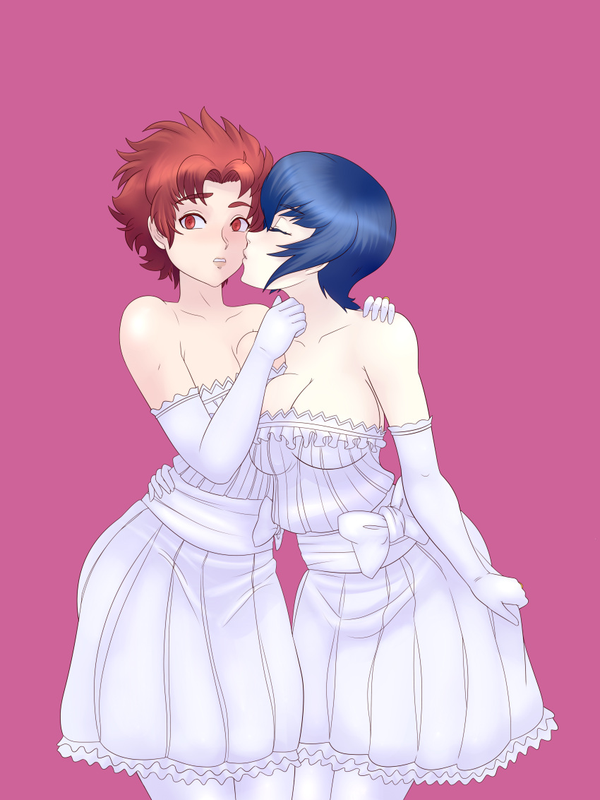 2girls absurdres alternate_hair_color blue_hair blush breasts bride cheek_kiss closed_eyes commission commissioner_upload dress fire_emblem fire_emblem_awakening gloves hand_on_another's_shoulder highres incest jewelry kiss kjelle_(fire_emblem) m-a-v-e-r-i-c-k medium_breasts mother_and_daughter multiple_girls non-web_source red_eyes redhead ring short_hair sully_(fire_emblem) wedding wedding_band wedding_dress white_legwear wife_and_wife yuri