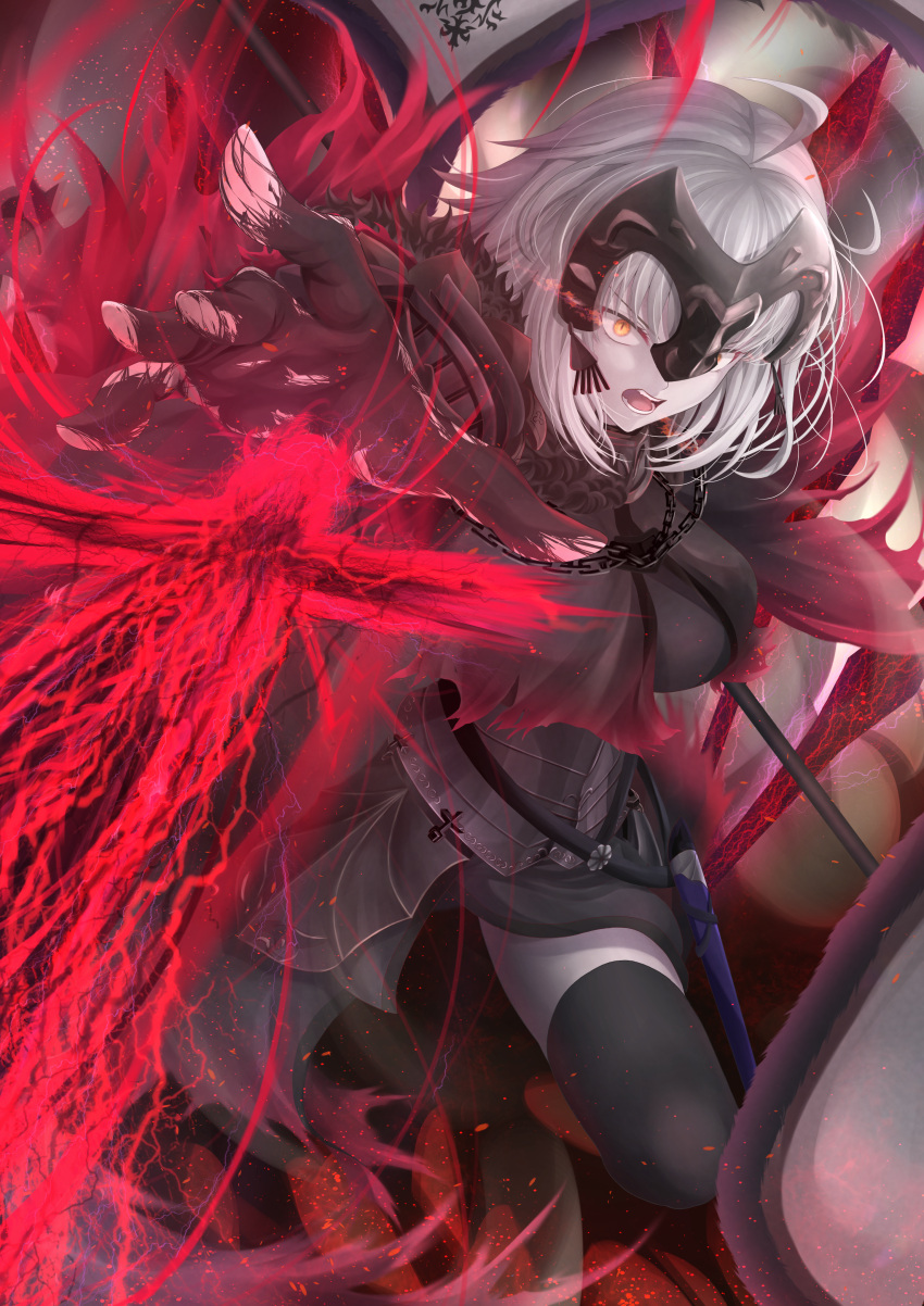 1girl absurdres armor armored_dress bangs banner breasts cape fate/grand_order fate_(series) fire fur-trimmed_cape fur_collar fur_trim gauntlets gloves headpiece highres huge_filesize jeanne_d'arc_(alter)_(fate) jeanne_d'arc_(fate)_(all) large_breasts penguintake short_hair silver_hair thigh-highs torn_clothes torn_gloves tsurime yellow_eyes