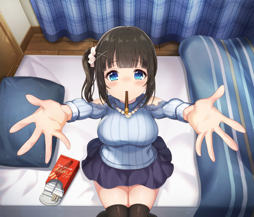 1girl azuki_yui bangs bare_shoulders black_legwear blue_eyes blue_skirt blue_sweater blush breasts brown_hair commentary_request curtains eyebrows_visible_through_hair food large_breasts looking_at_viewer on_bed one_side_up original pillow pocky sitting skirt solo sweater thigh-highs