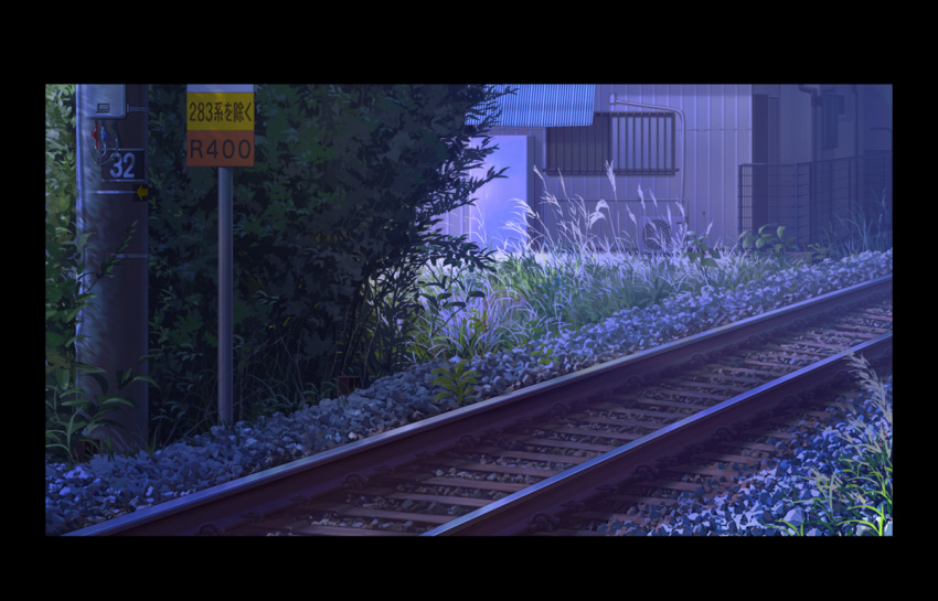 building grass night no_humans original outdoors railroad_tracks scenery sign y.yamamoto