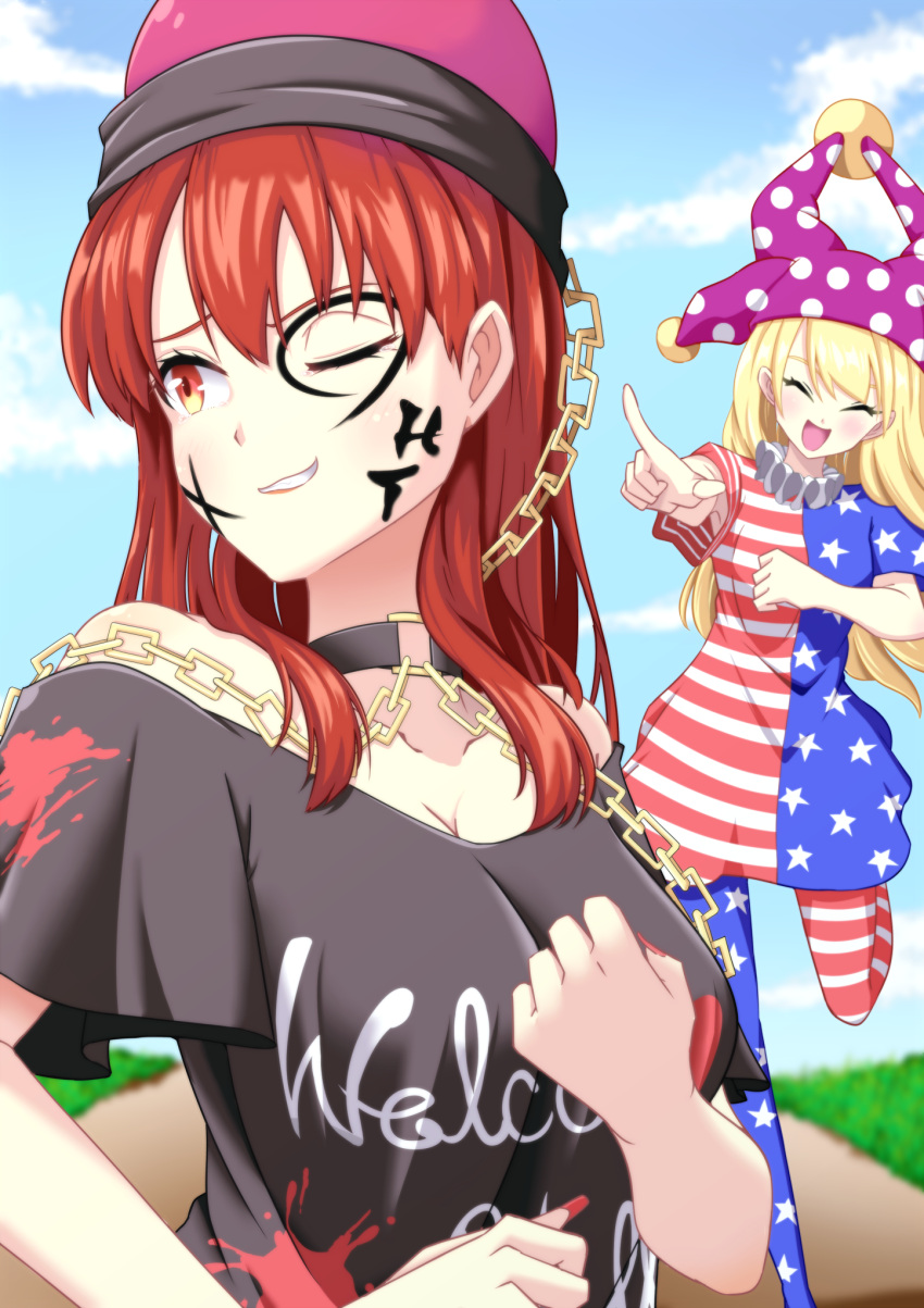 2girls ;) american_flag_dress american_flag_legwear black_collar black_shirt blonde_hair breasts chain closed_eyes clothes_writing clownpiece collar commentary_request facepaint fingernails hat hecatia_lapislazuli highres jester_cap laughing long_fingernails long_hair medium_breasts multiple_girls nail_polish neck_ruff off-shoulder_shirt off_shoulder one_eye_closed outdoors pantyhose pointing polka_dot polos_crown purple_headwear red_eyes red_nails redhead shirt short_sleeves smile star star_print striped t-shirt tabira_(kpiclike) touhou