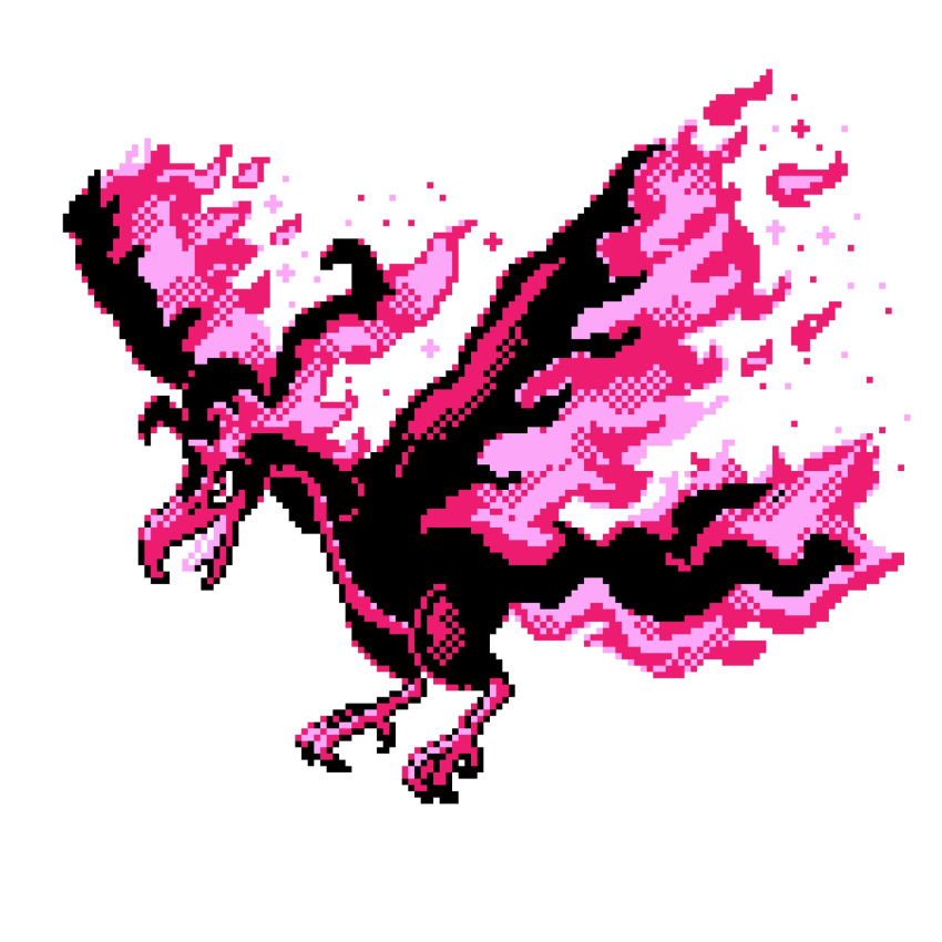 bird bird_focus claws fire flying full_body galarian_form galarian_moltres highres monochrome no_humans pink_theme pixel_art pokemon pokemon_(creature) simple_background sindorman solo white_background