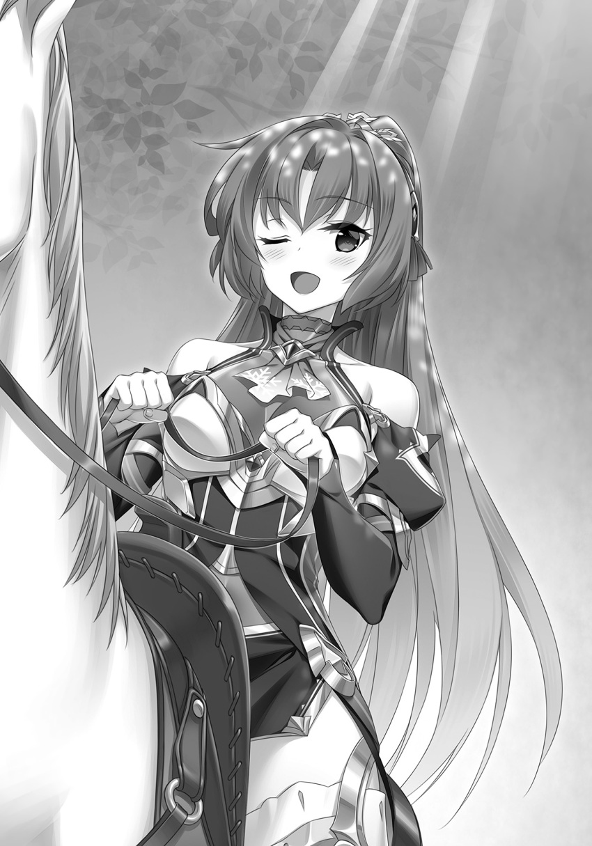 1girl ;d bangs blush breasts breasts_apart day detached_sleeves eyebrows_visible_through_hair floating_hair forest hair_between_eyes high_ponytail highres horse long_hair long_sleeves looking_at_viewer ludmila_lourie madan_no_ou_to_michelia medium_breasts miyatsuki_itsuka nature novel_illustration official_art one_eye_closed open_mouth outdoors riding smile solo sunlight very_long_hair