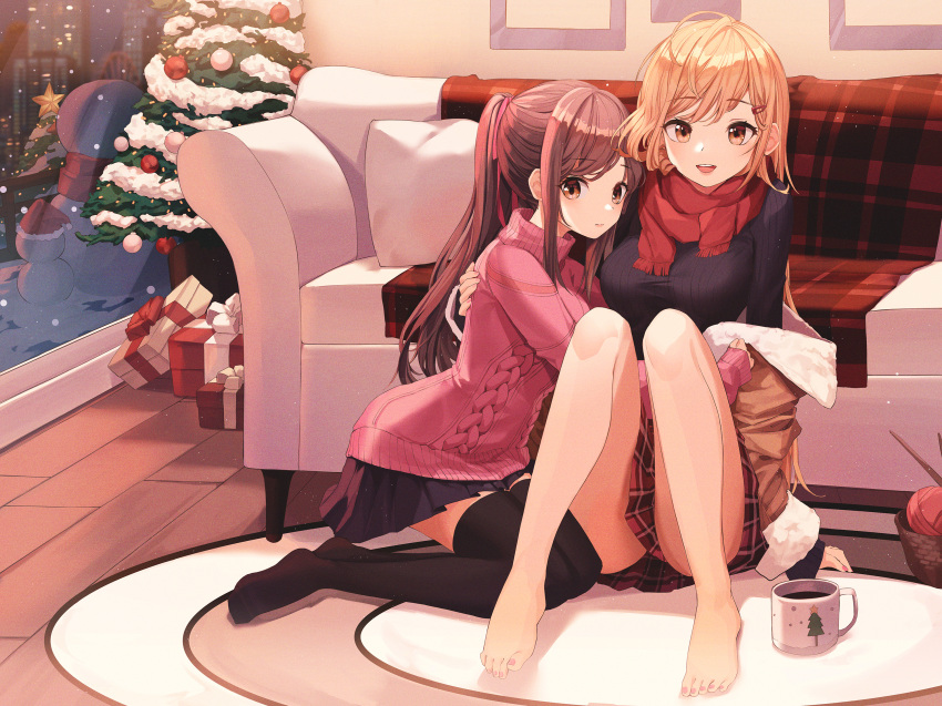 2girls bangs barefoot black_legwear black_skirt black_sweater blonde_hair breasts brown_eyes brown_hair christmas_tree commentary couch eyebrows_visible_through_hair gift hair_ornament hairclip highres indoors large_breasts long_hair looking_at_viewer multiple_girls munseonghwa no_shoes open_mouth original ponytail ribbed_sweater scarf skirt smile snow sweater thigh-highs yellow_eyes