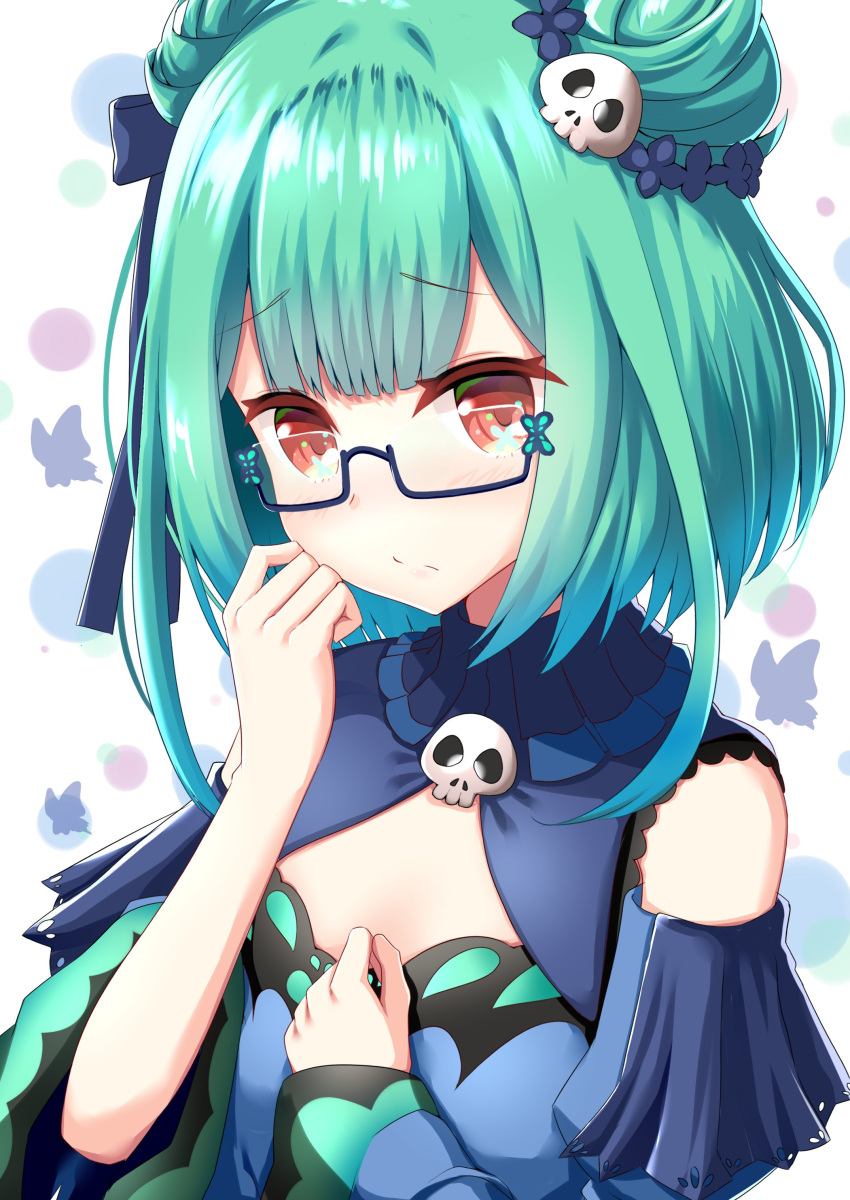 1girl absurdres bespectacled bug butterfly commentary_request detached_sleeves double_bun embarrassed flat_chest glasses gothic_lolita green_hair hair_ornament hair_ribbon highres hololive insect lolita_fashion portrait red_eyes ribbon short_hair skull solo uruha_rushia virtual_youtuber