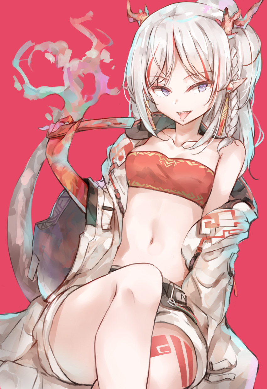 1girl arknights bandeau bare_shoulders belt braid breasts collarbone highres horns jacket long_hair looking_at_viewer midriff multicolored_hair navel nian_(arknights) off_shoulder open_clothes open_jacket pointy_ears red_background short_shorts shorts silver_hair simple_background sitting small_breasts solo stomach streaked_hair sunoril tail thighs tongue tongue_out violet_eyes white_jacket white_shorts wide_sleeves