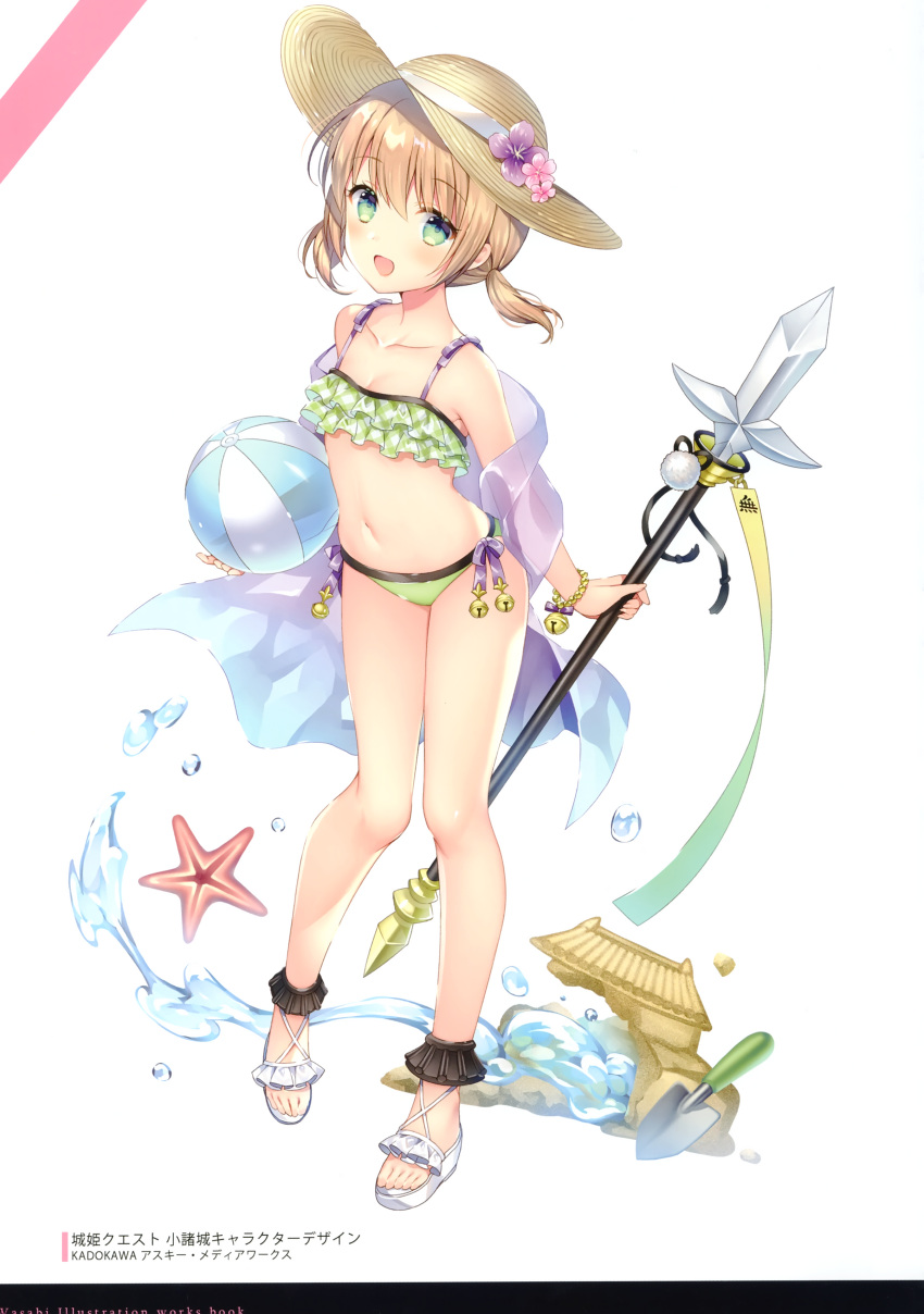 1girl :d absurdres ball bangs bare_shoulders beachball bell bikini blush breasts brown_hair brown_headwear collarbone eyebrows_visible_through_hair flower full_body green_bikini green_eyes hair_between_eyes hat hat_flower highres holding holding_ball holding_spear holding_weapon jingle_bell navel off_shoulder open_mouth original pink_flower plaid plaid_bikini polearm purple_flower sand_castle sand_sculpture sandals scan see-through side-tie_bikini small_breasts smile solo spear standing starfish sun_hat swimsuit transparent trowel twintails wasabi_(sekai) water weapon white_background white_footwear